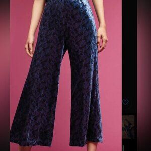 Anthropologie Maeve NWT Blue Black Velvet Wide Flare Leg Cropped Pants 14 Large
